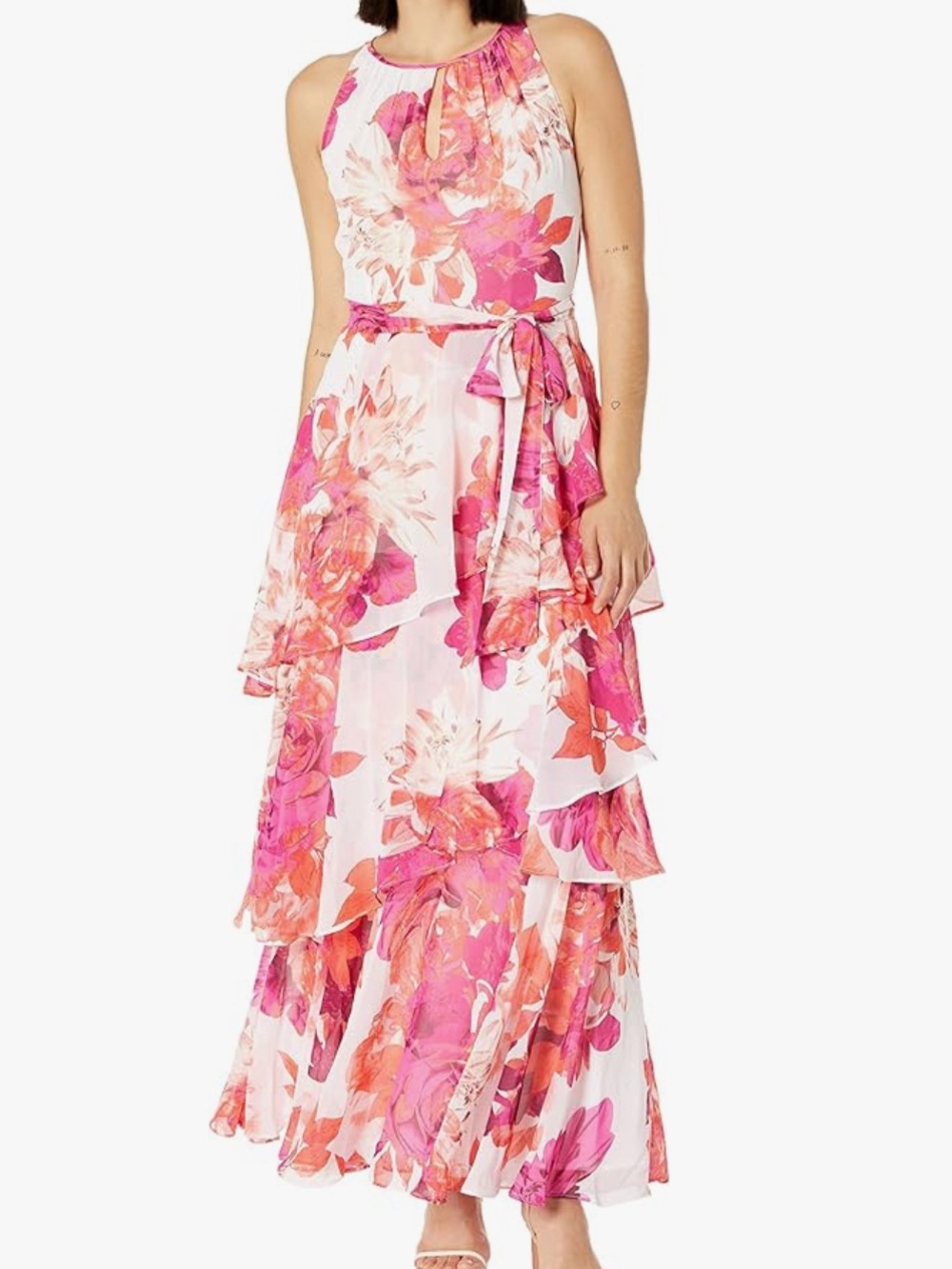 Tahari Floral Tiered Halter Maxi Dress - Pink Floral